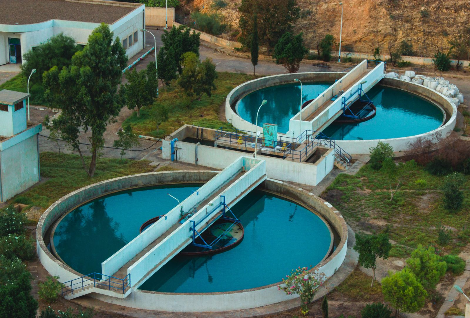 Clarifier basins at an industrial water treatment plant